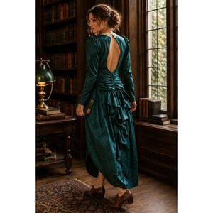 Vintage Scott McClintock Emerald Jacquard Lace Bib Midi Dress USA 80s 90s 8
